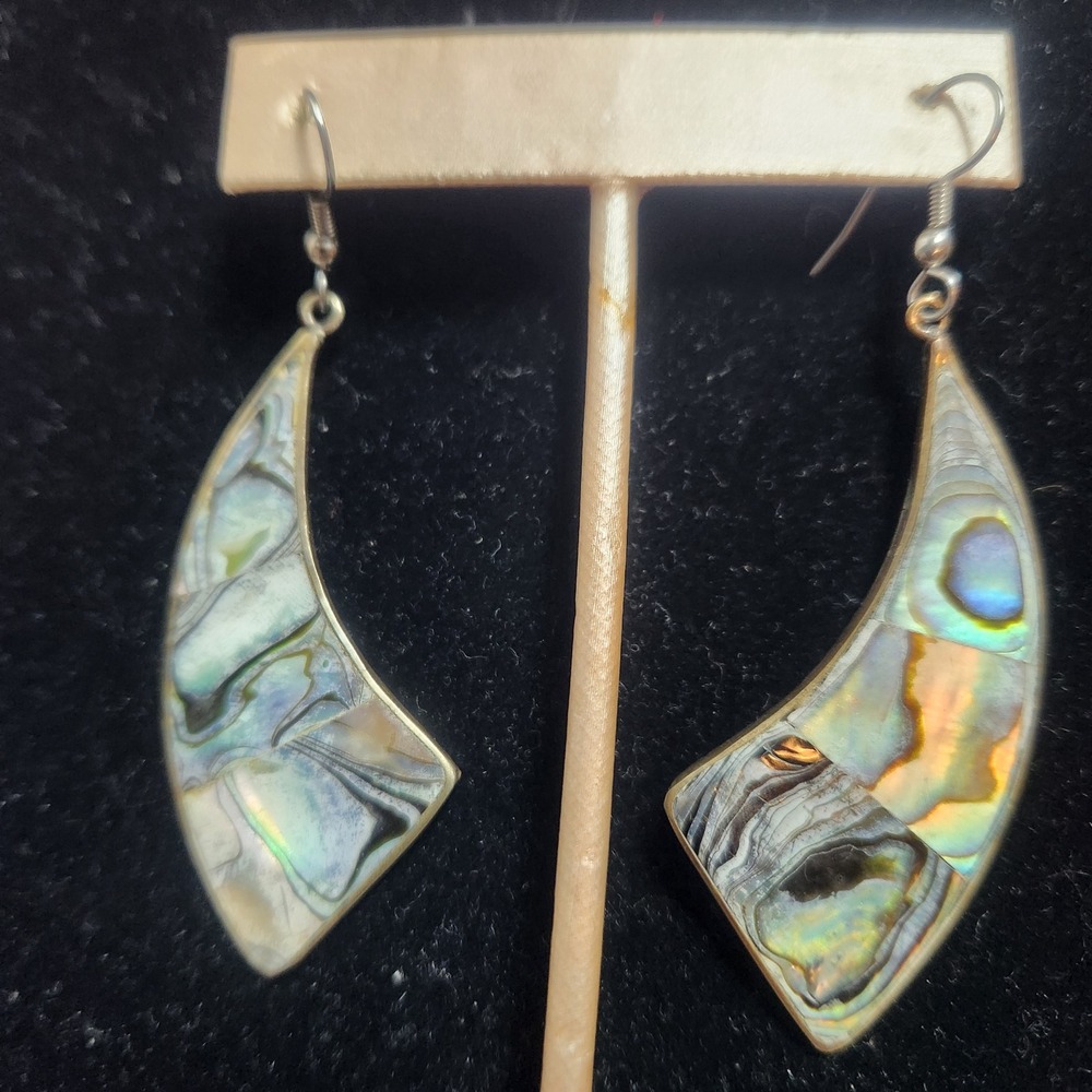 Vintage Alpaca Mexico Abalone Shell‎ Inlay Geometric Curved Drop Earrings